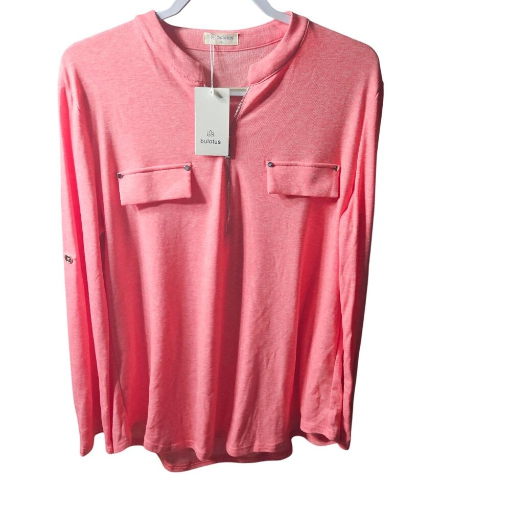 Bulotus Womens Pink Long Sleeve Shirt 2XL With Zip Front & Pocket Accents